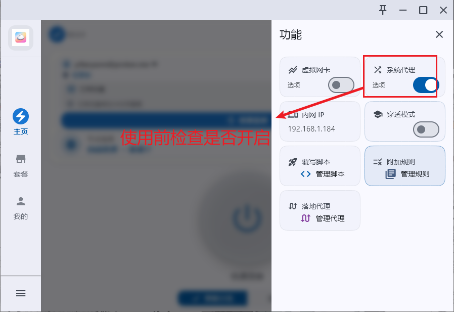 功能面板,系统代理开关被红框标出,旁边还有虚拟网卡、穿透模式等选项